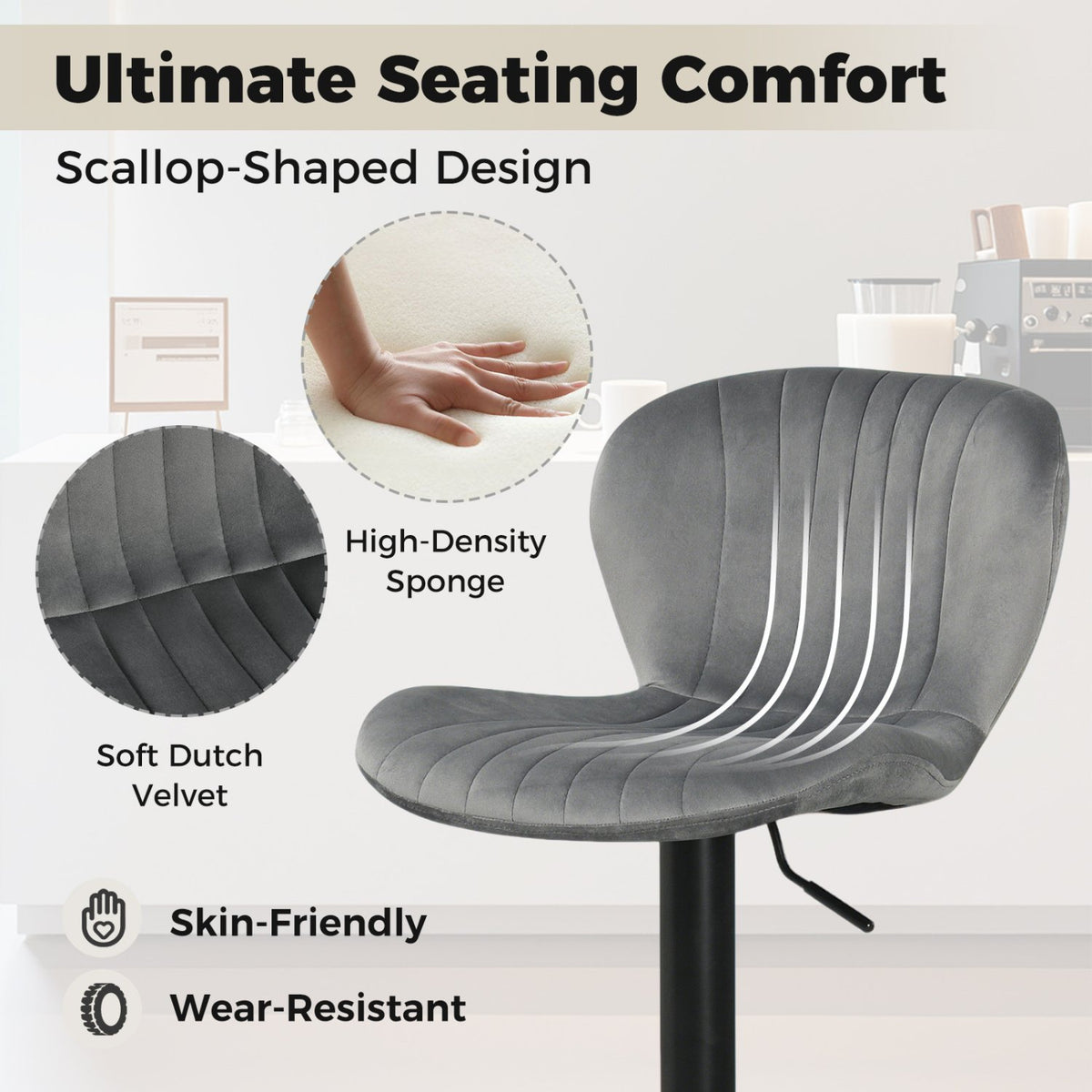 Adjustable Counter Height Chairs Set of 2 with Velvet Upholstered Backrests-Gray view 7