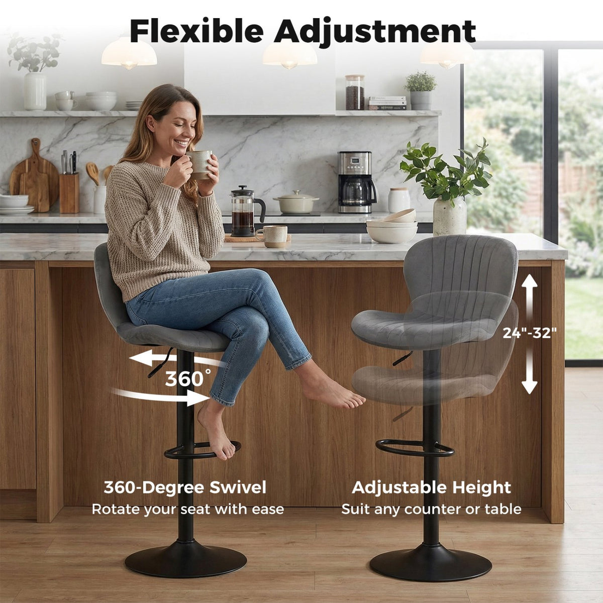 Adjustable Counter Height Chairs Set of 2 with Velvet Upholstered Backrests-Gray view 8