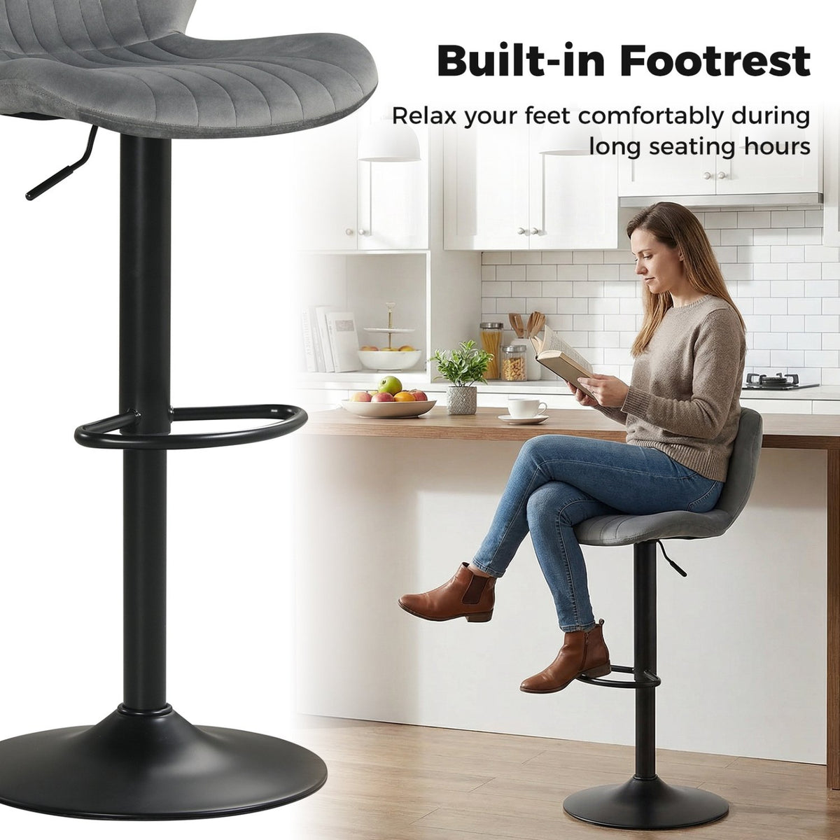 Adjustable Counter Height Chairs Set of 2 with Velvet Upholstered Backrests-Gray view 9