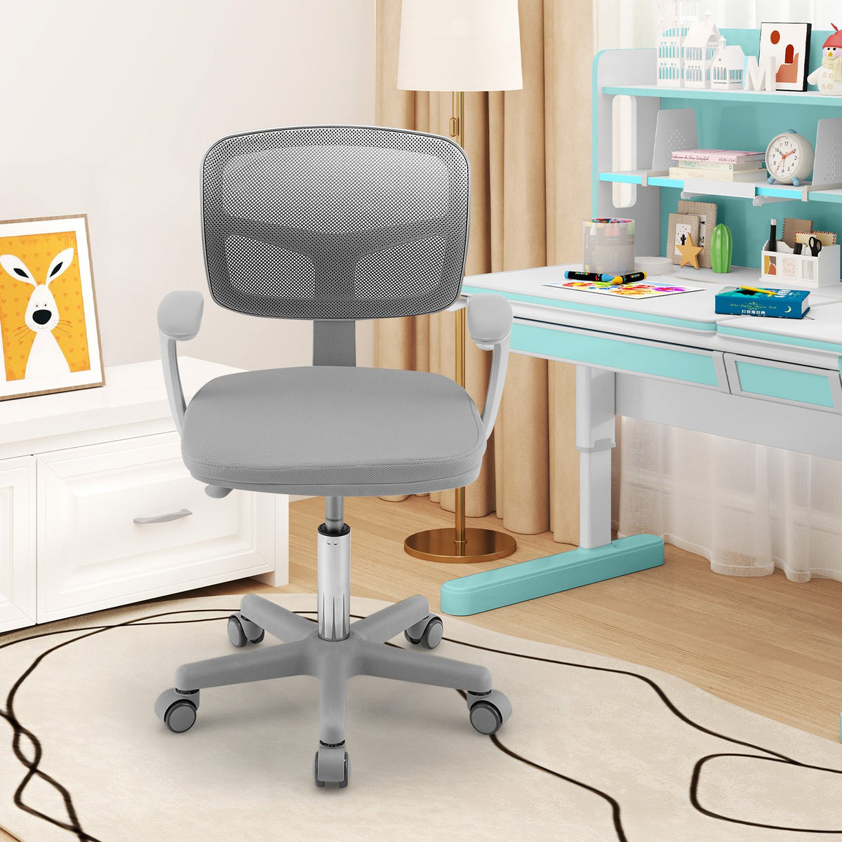 Adjustable Desk Chair with 5 Rolling Casters for Kids-Gray view 2