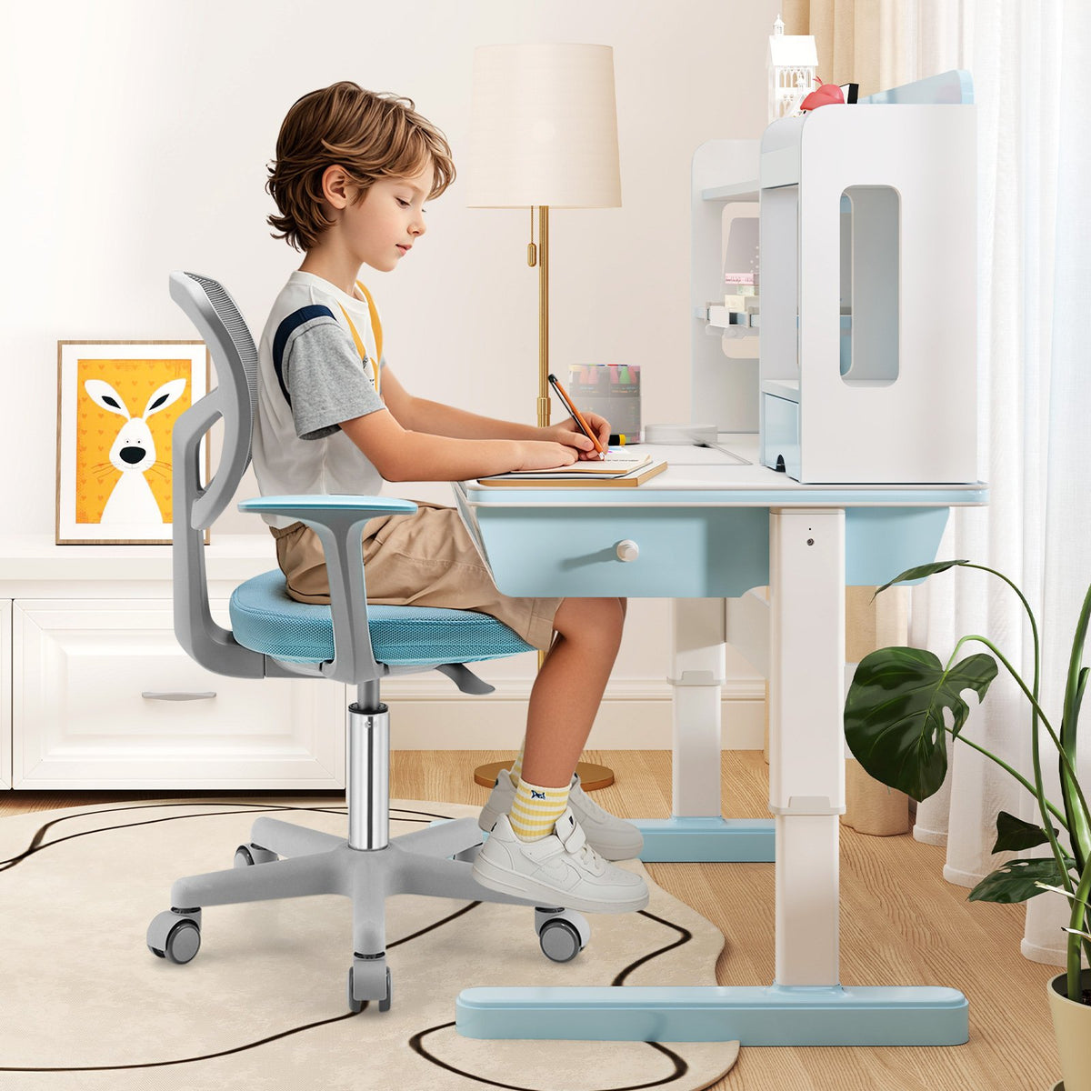Adjustable Desk Chair with Auto Brake Casters for Kids-Blue view 3