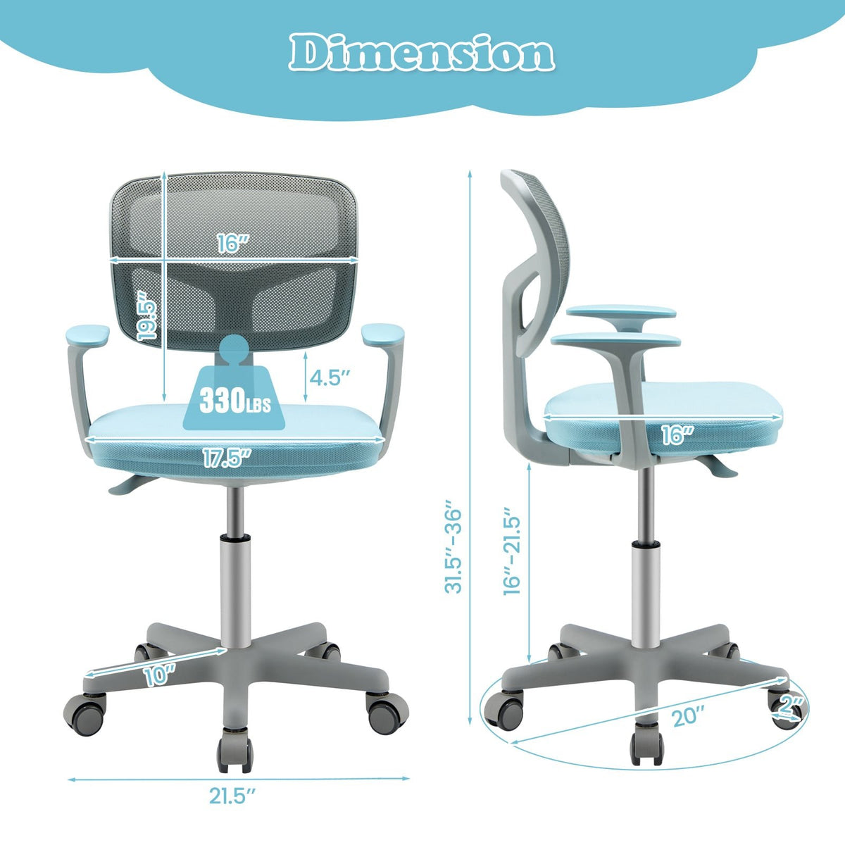 Adjustable Desk Chair with Auto Brake Casters for Kids-Blue view 5