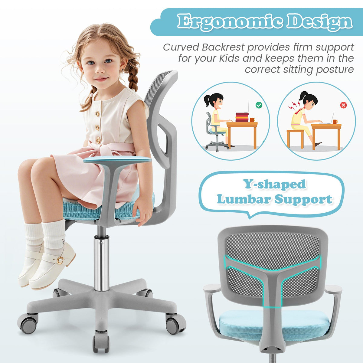 Adjustable Desk Chair with Auto Brake Casters for Kids-Blue view 6