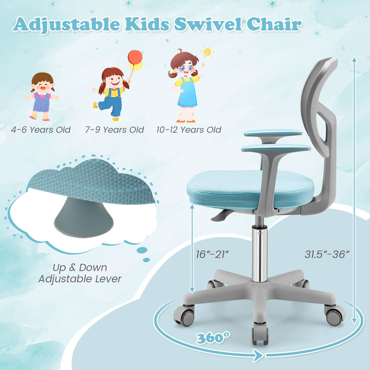 Adjustable Desk Chair with Auto Brake Casters for Kids-Blue view 7