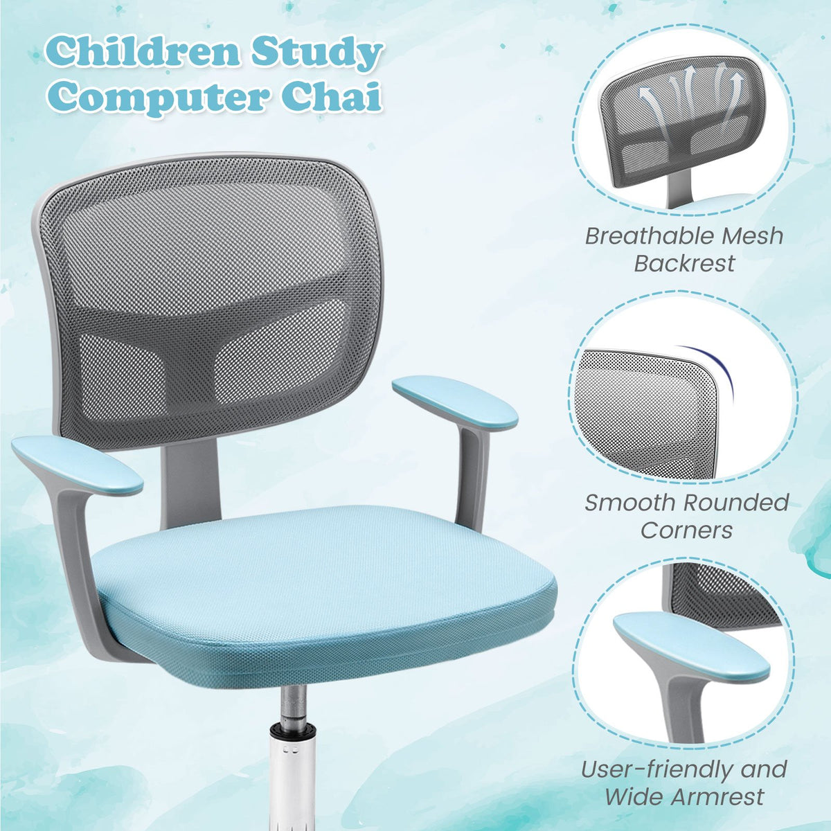 Adjustable Desk Chair with Auto Brake Casters for Kids-Blue view 9