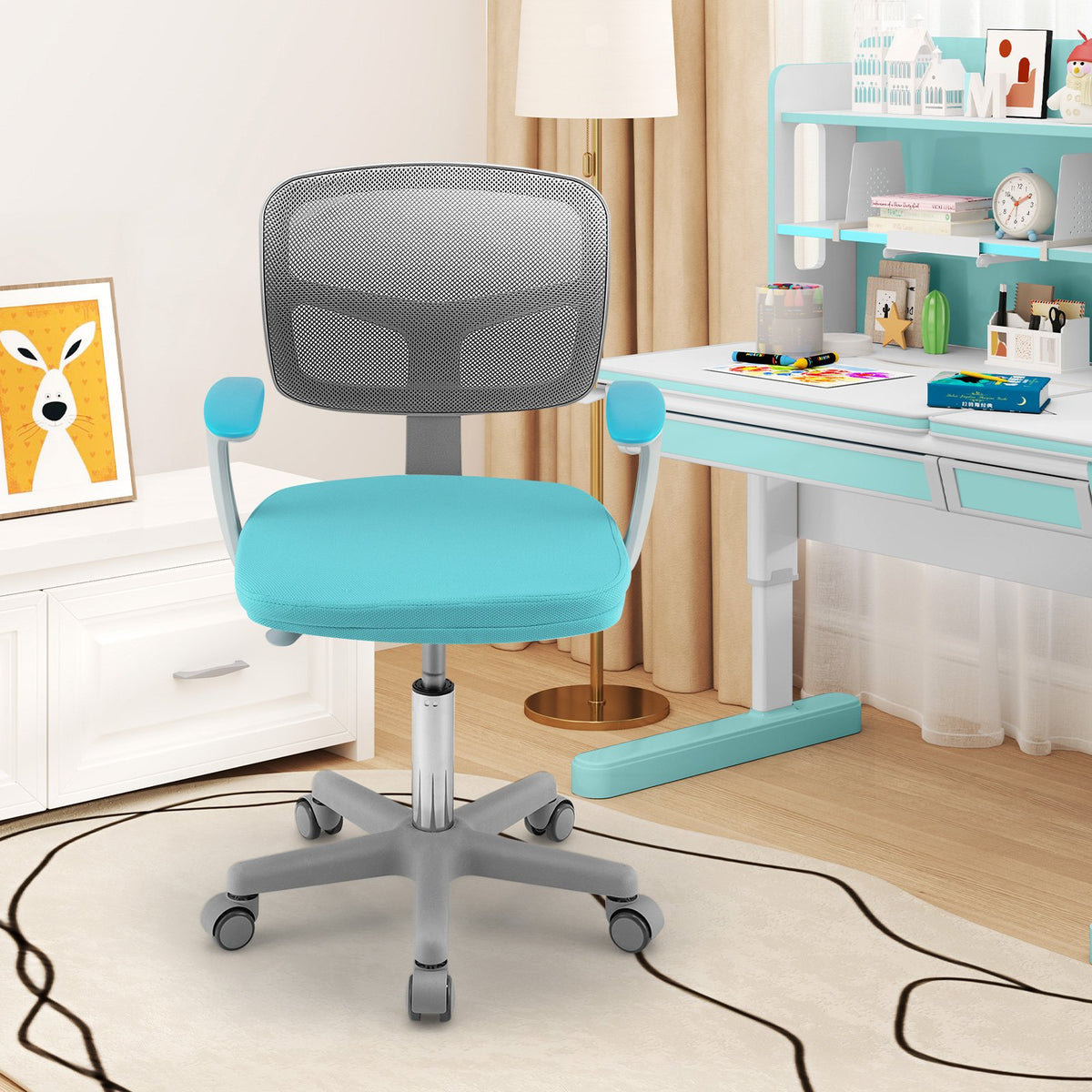 Adjustable Desk Chair with Auto Brake Casters for Kids-Turquoise view 2