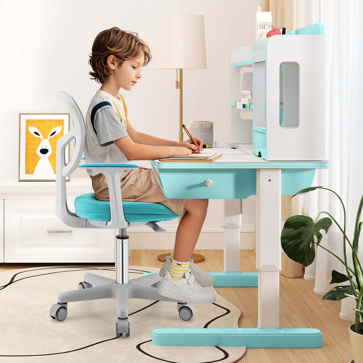 Adjustable Desk Chair with Auto Brake Casters for Kids-Turquoise view 3