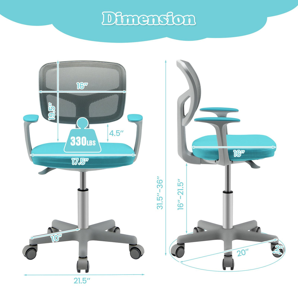 Adjustable Desk Chair with Auto Brake Casters for Kids-Turquoise view 5