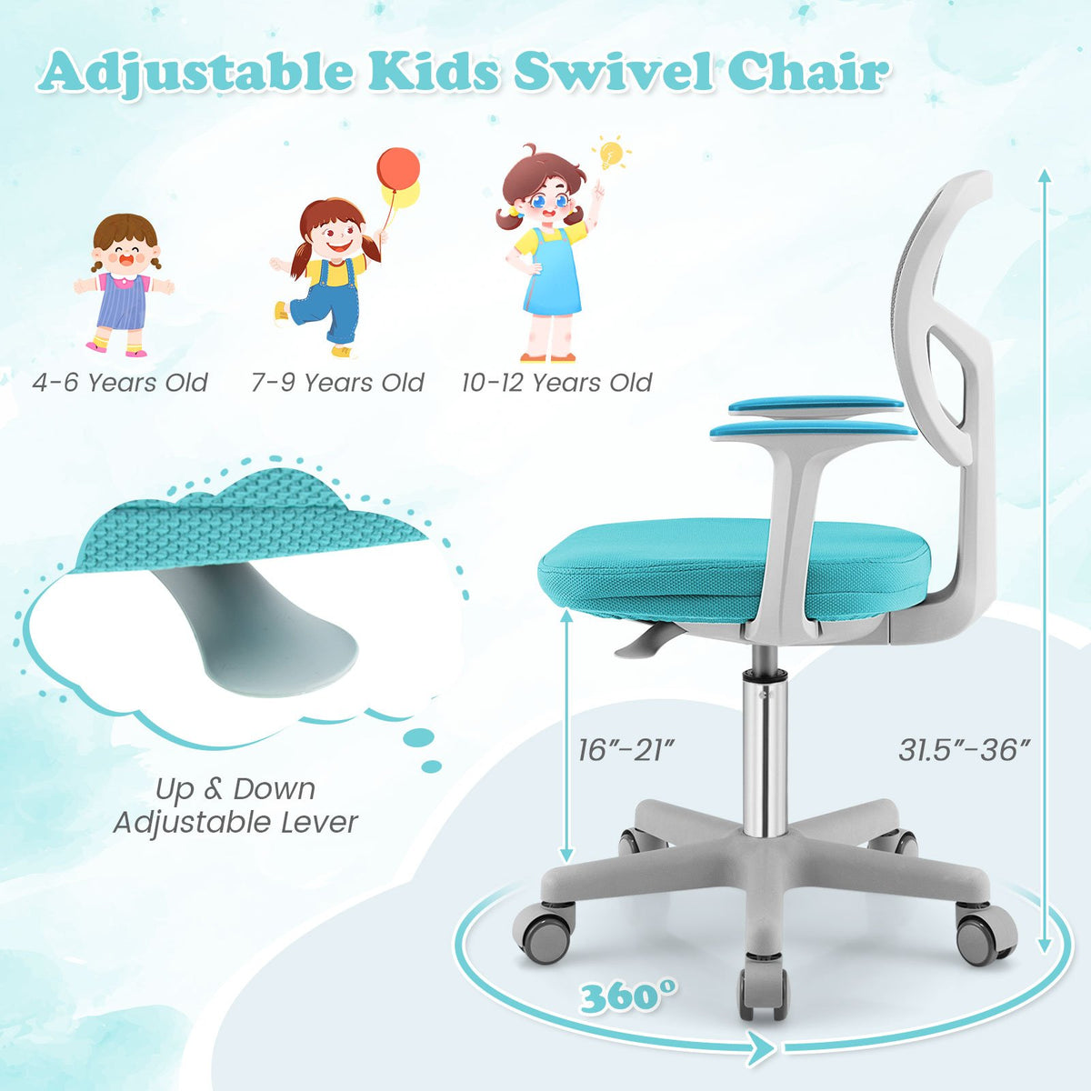 Adjustable Desk Chair with Auto Brake Casters for Kids-Turquoise view 7