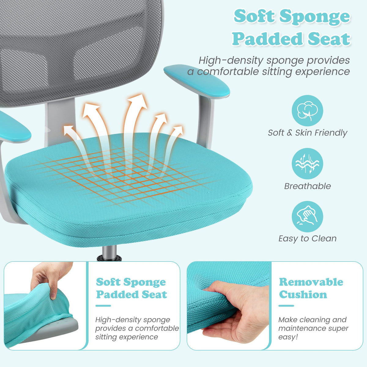 Adjustable Desk Chair with Auto Brake Casters for Kids-Turquoise view 8