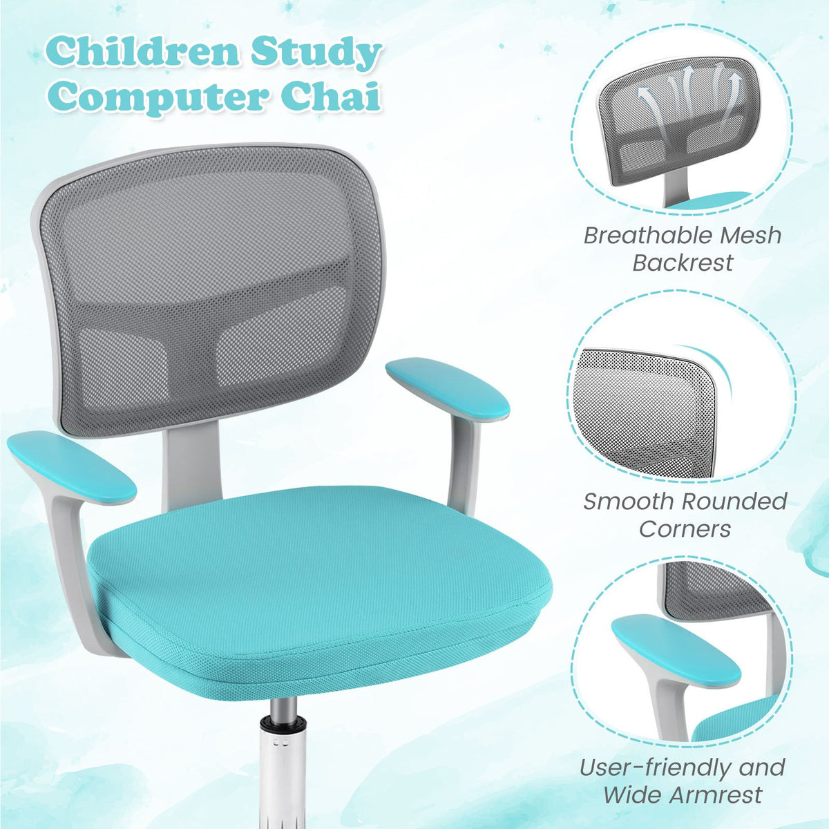 Adjustable Desk Chair with Auto Brake Casters for Kids-Turquoise view 9