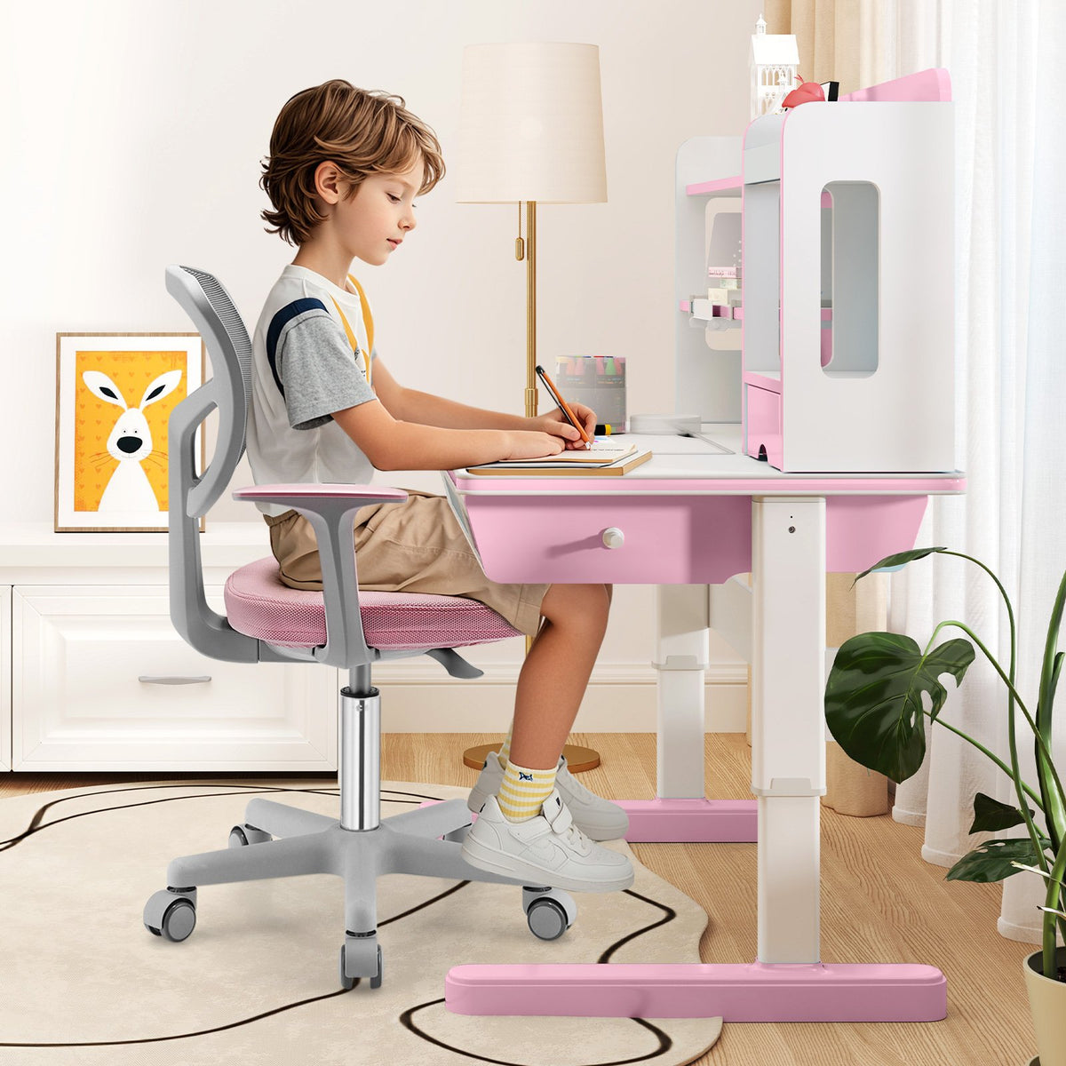 Adjustable Desk Chair with Auto Brake Casters for Kids-Pink view 3