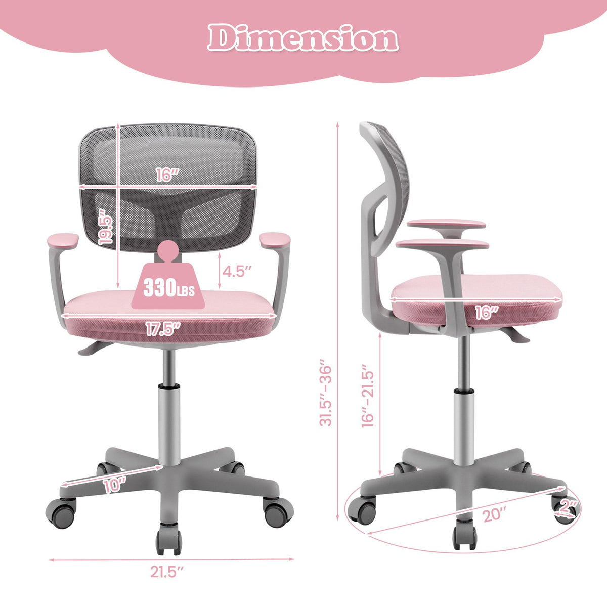 Adjustable Desk Chair with Auto Brake Casters for Kids-Pink view 5