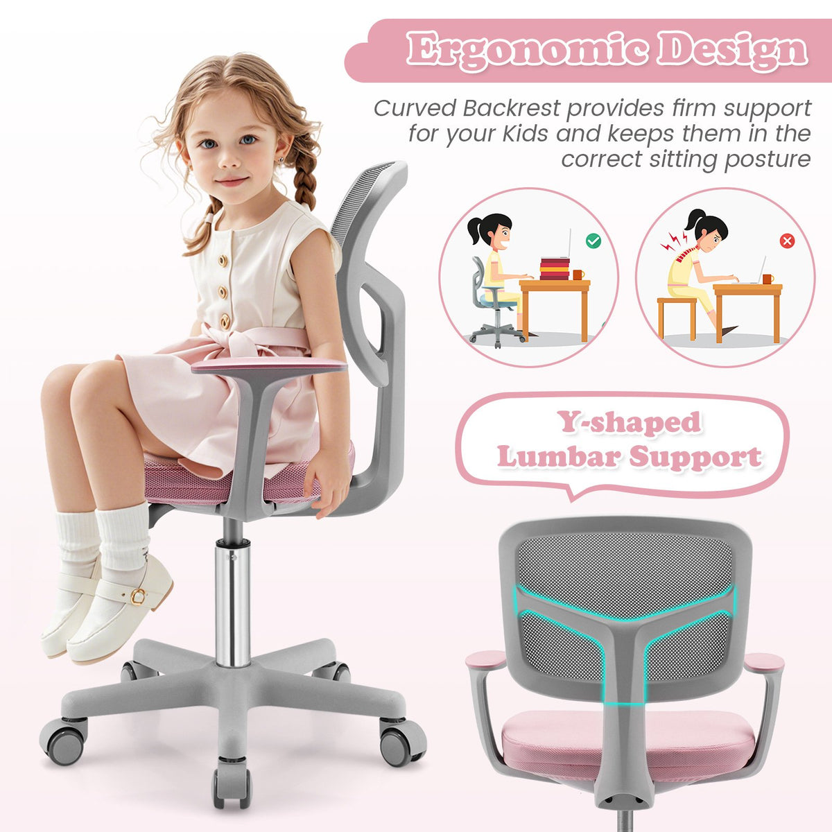 Adjustable Desk Chair with Auto Brake Casters for Kids-Pink view 6