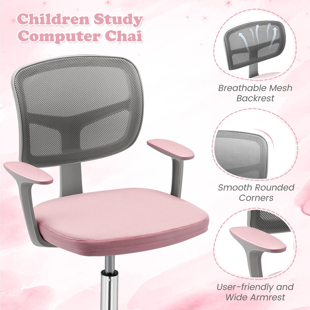Adjustable Desk Chair with Auto Brake Casters for Kids-Pink view 9