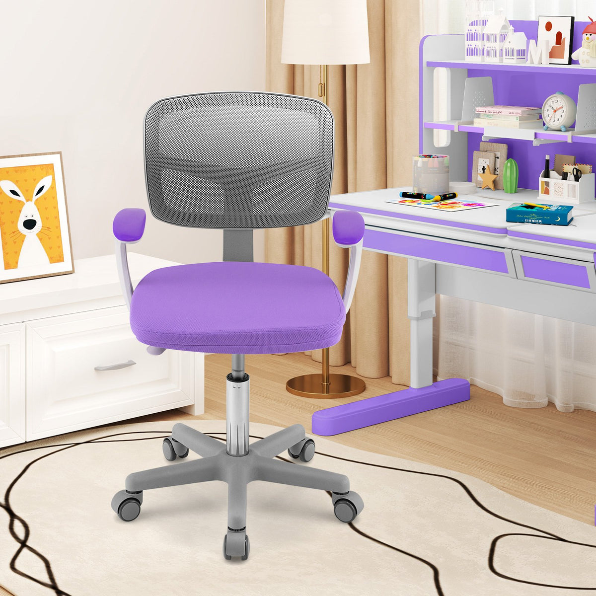 Adjustable Desk Chair with Auto Brake Casters for Kids-Purple view 2
