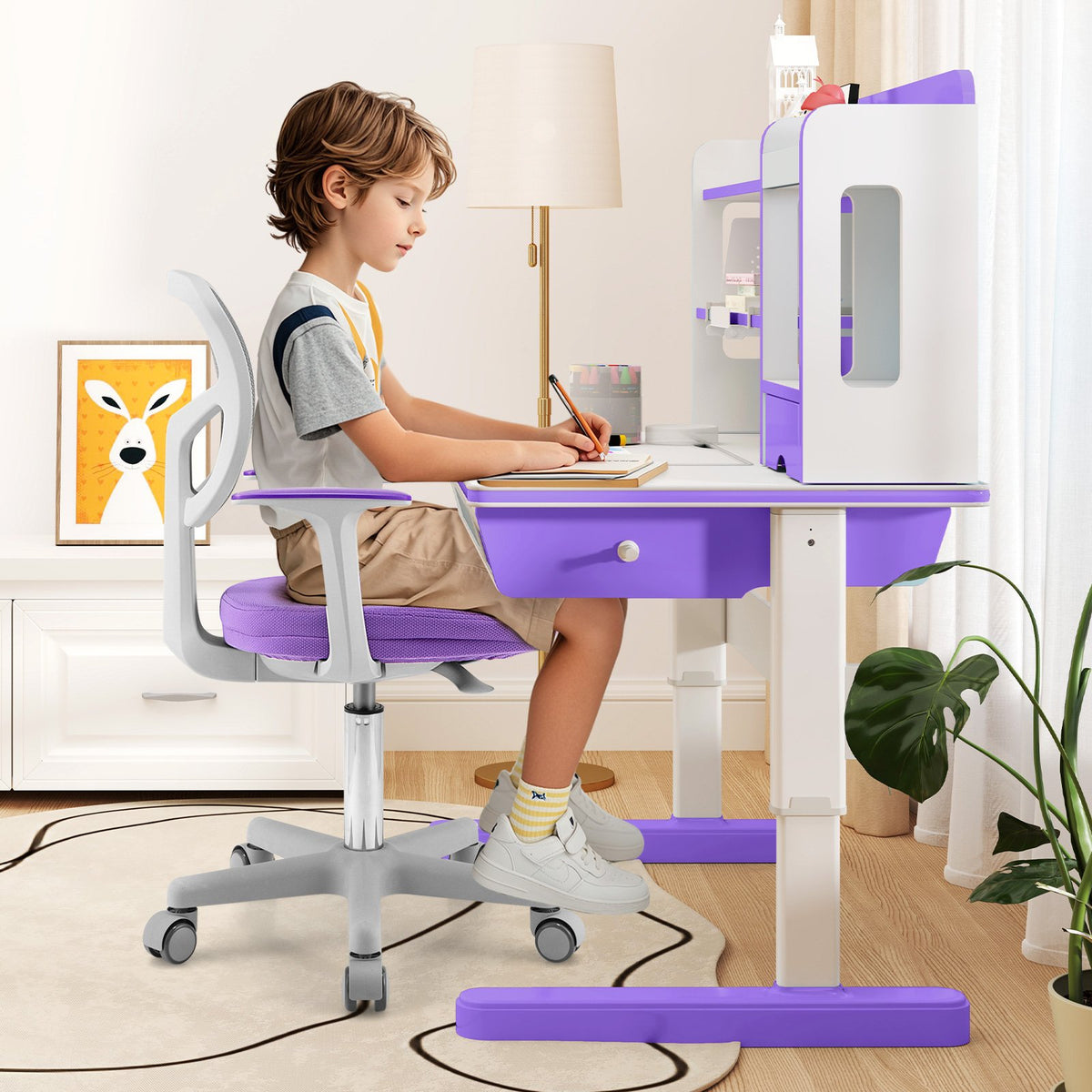 Adjustable Desk Chair with Auto Brake Casters for Kids-Purple view 3