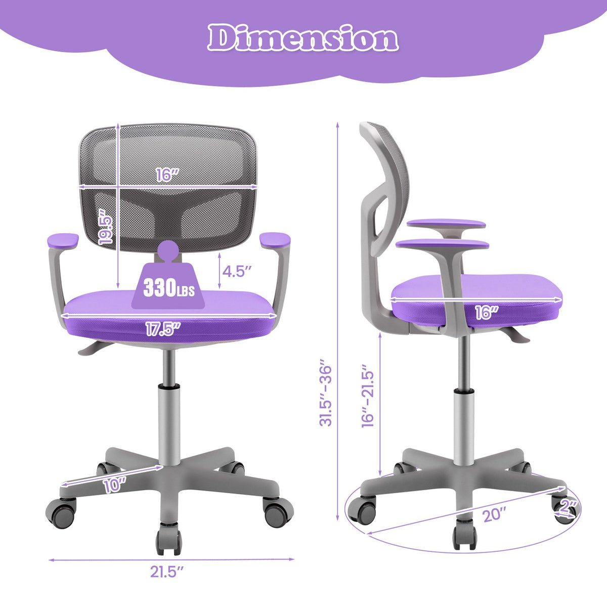 Adjustable Desk Chair with Auto Brake Casters for Kids-Purple view 5