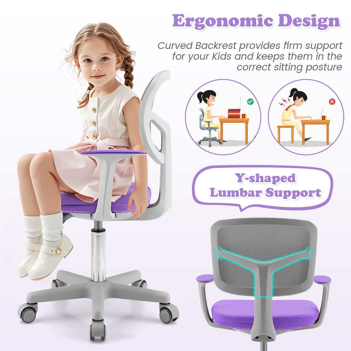 Adjustable Desk Chair with Auto Brake Casters for Kids-Purple view 6