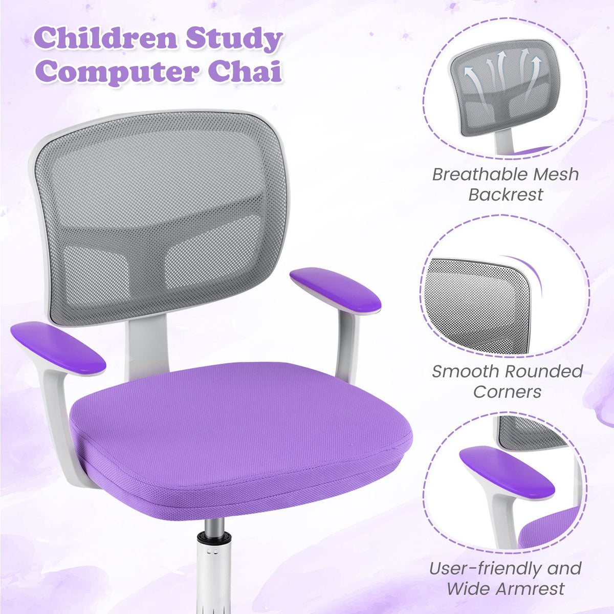 Adjustable Desk Chair with Auto Brake Casters for Kids-Purple view 7
