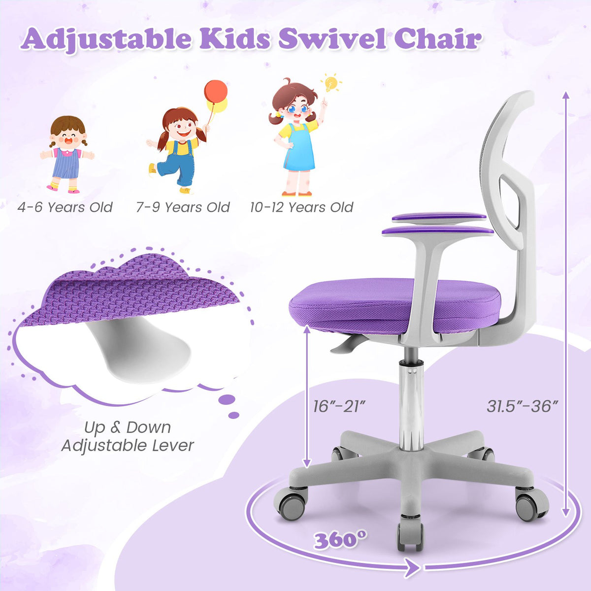 Adjustable Desk Chair with Auto Brake Casters for Kids-Purple view 9