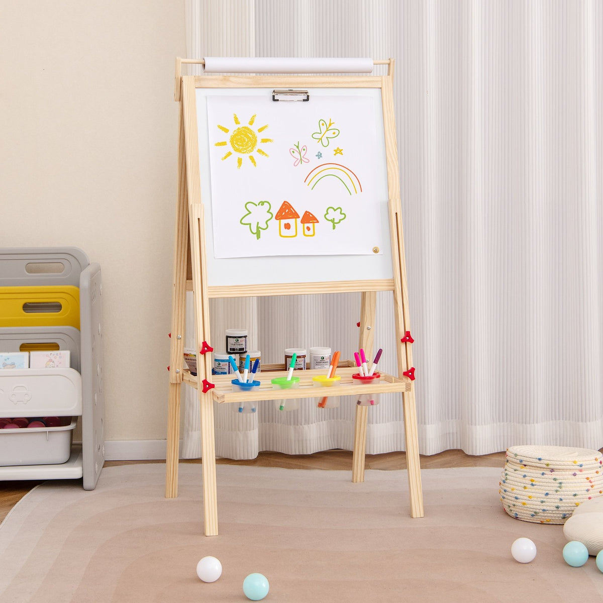 Adjustable Double-sided Easel with 4 Paint Cups-Natutral view 3