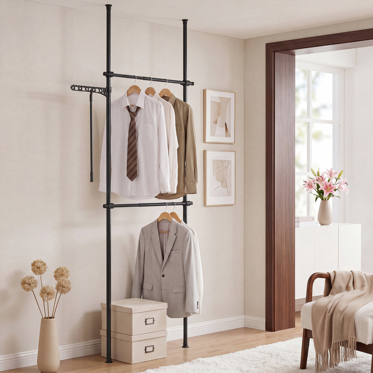 Adjustable Floor to Ceiling Clothes Rack with 2 Hanging Rods-Black view 2