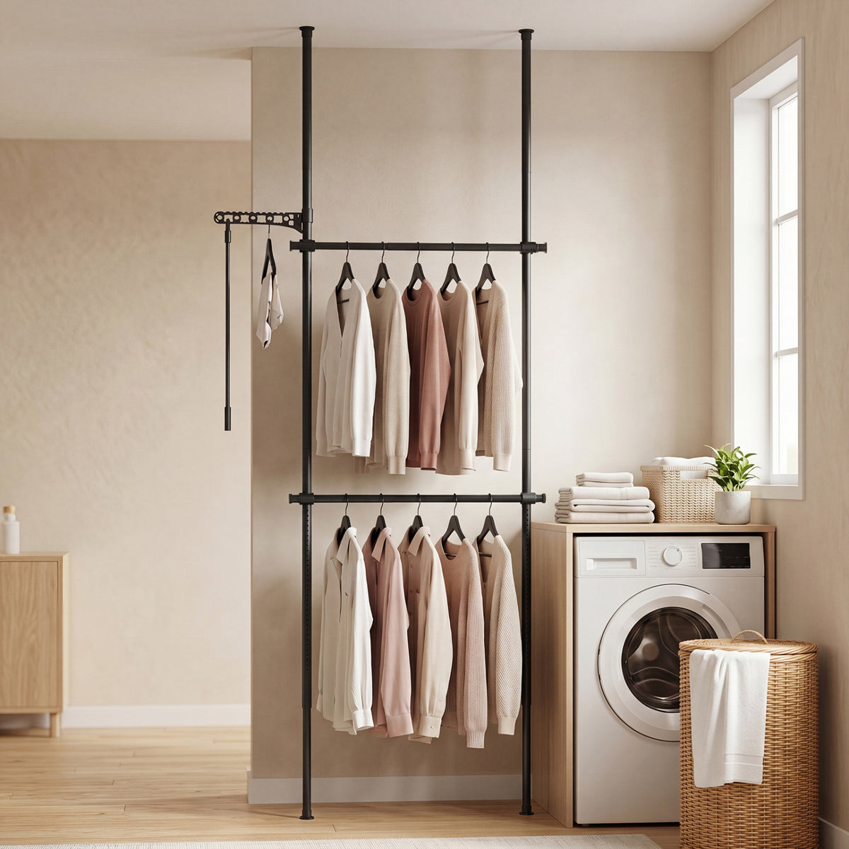 Adjustable Floor to Ceiling Clothes Rack with 2 Hanging Rods-Black view 3
