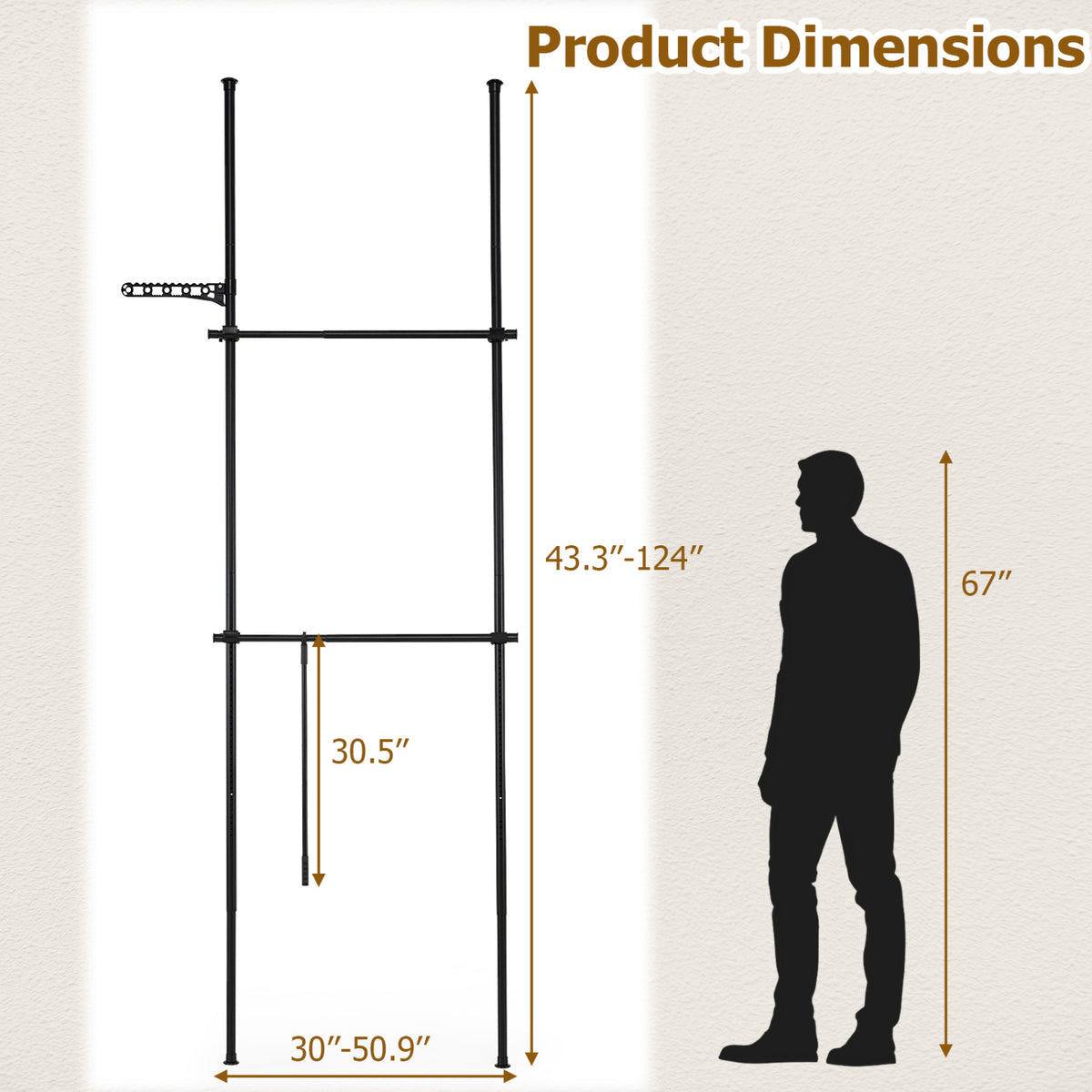Adjustable Floor to Ceiling Clothes Rack with 2 Hanging Rods-Black view 5