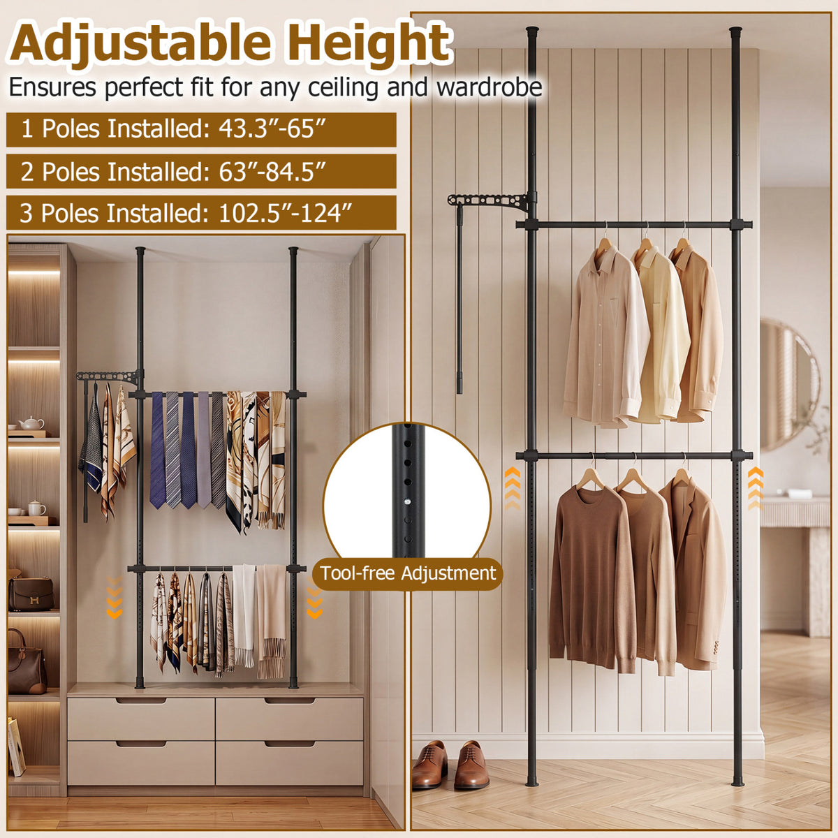 Adjustable Floor to Ceiling Clothes Rack with 2 Hanging Rods-Black view 7