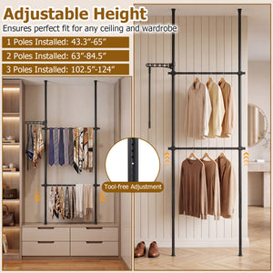 Adjustable Floor to Ceiling Clothes Rack with 2 Hanging Rods-Black view 7
