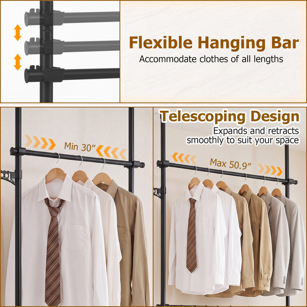 Adjustable Floor to Ceiling Clothes Rack with 2 Hanging Rods-Black view 8