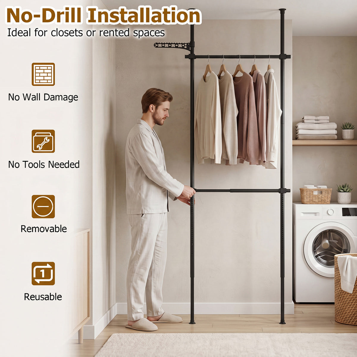 Adjustable Floor to Ceiling Clothes Rack with 2 Hanging Rods-Black view 9