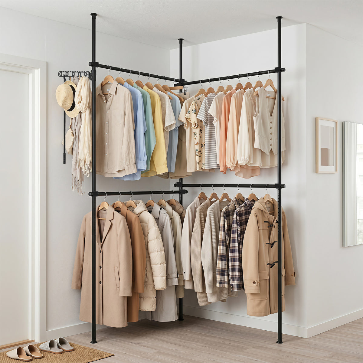Adjustable Floor to Ceiling Clothes Rack with 4 Hanging Rods-Black view 3