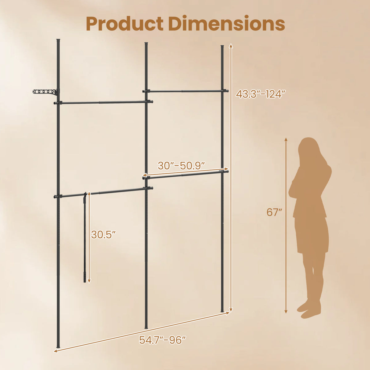 Adjustable Floor to Ceiling Clothes Rack with 4 Hanging Rods-Black view 5