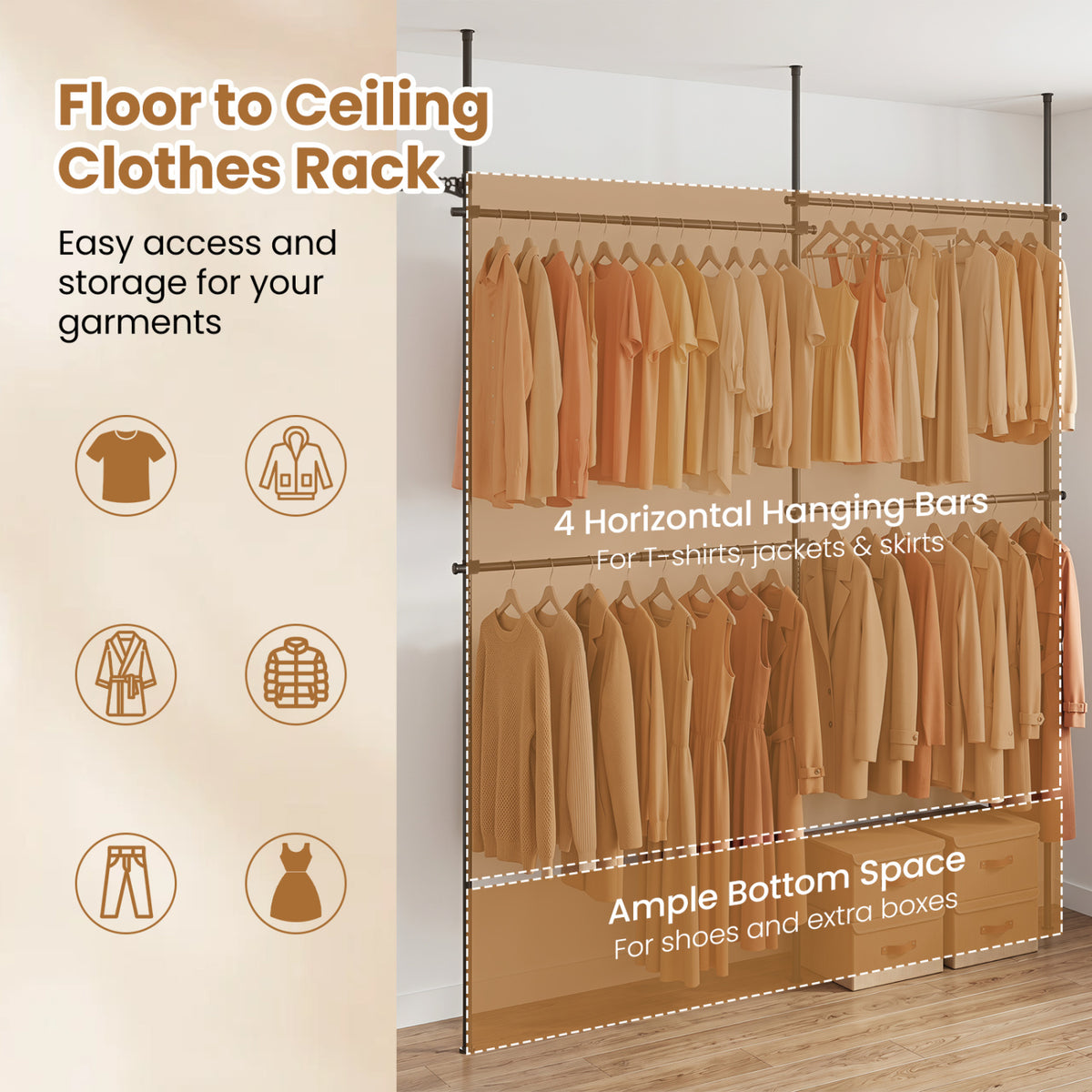 Adjustable Floor to Ceiling Clothes Rack with 4 Hanging Rods-Black view 7