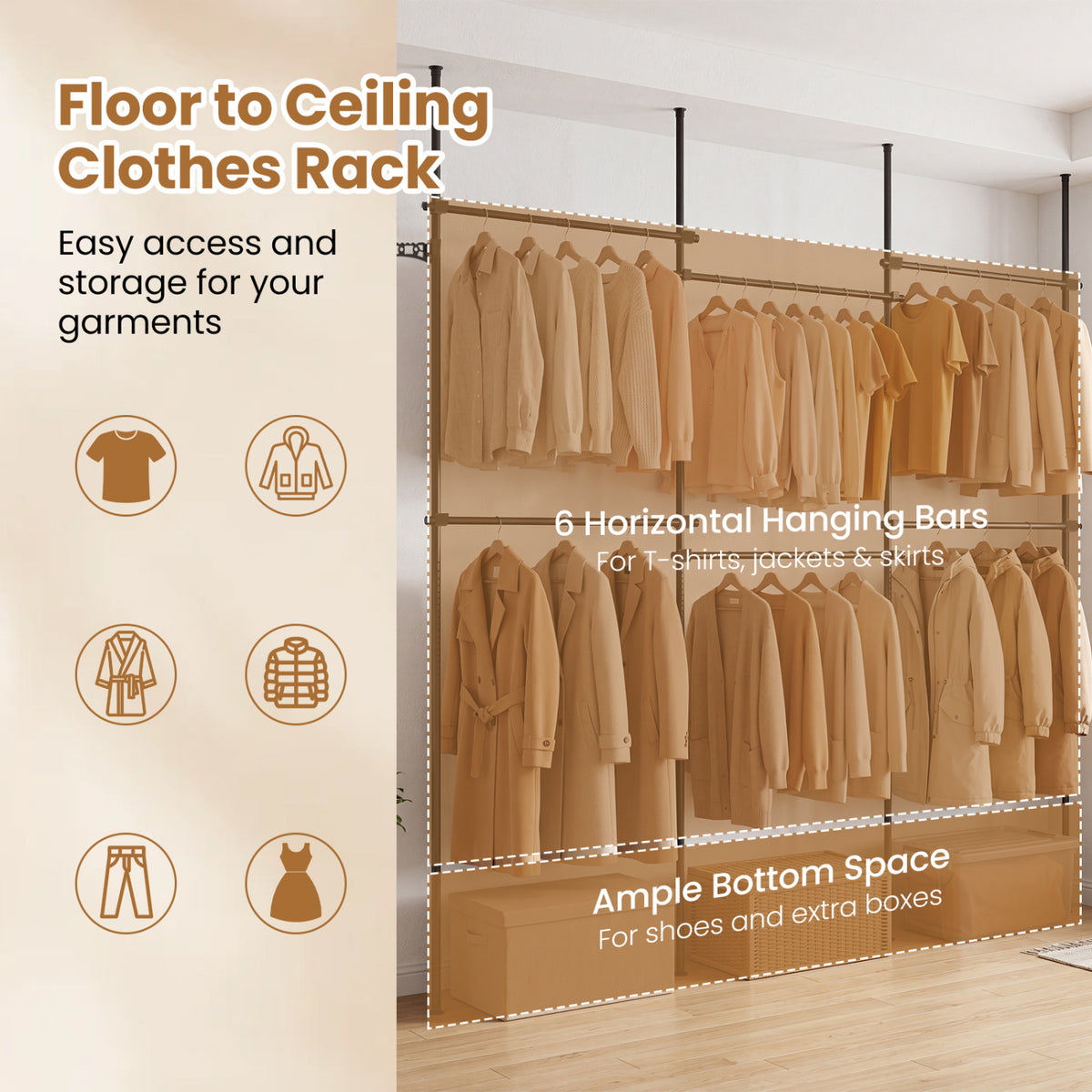 Adjustable Floor to Ceiling Clothes Rack with 6 Hanging Rods-Black view 7