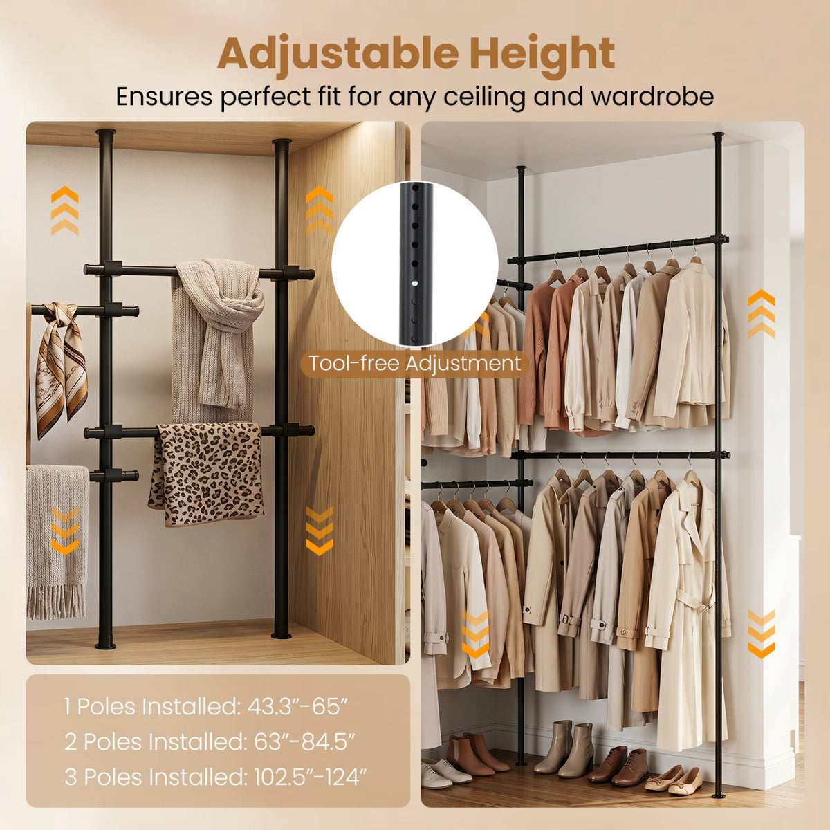 Adjustable Floor to Ceiling Clothes Rack with 6 Hanging Rods-Black view 8