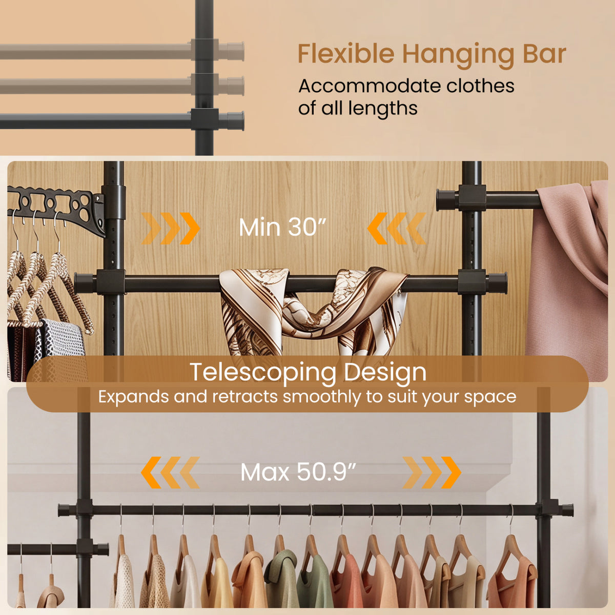 Adjustable Floor to Ceiling Clothes Rack with 6 Hanging Rods-Black view 9