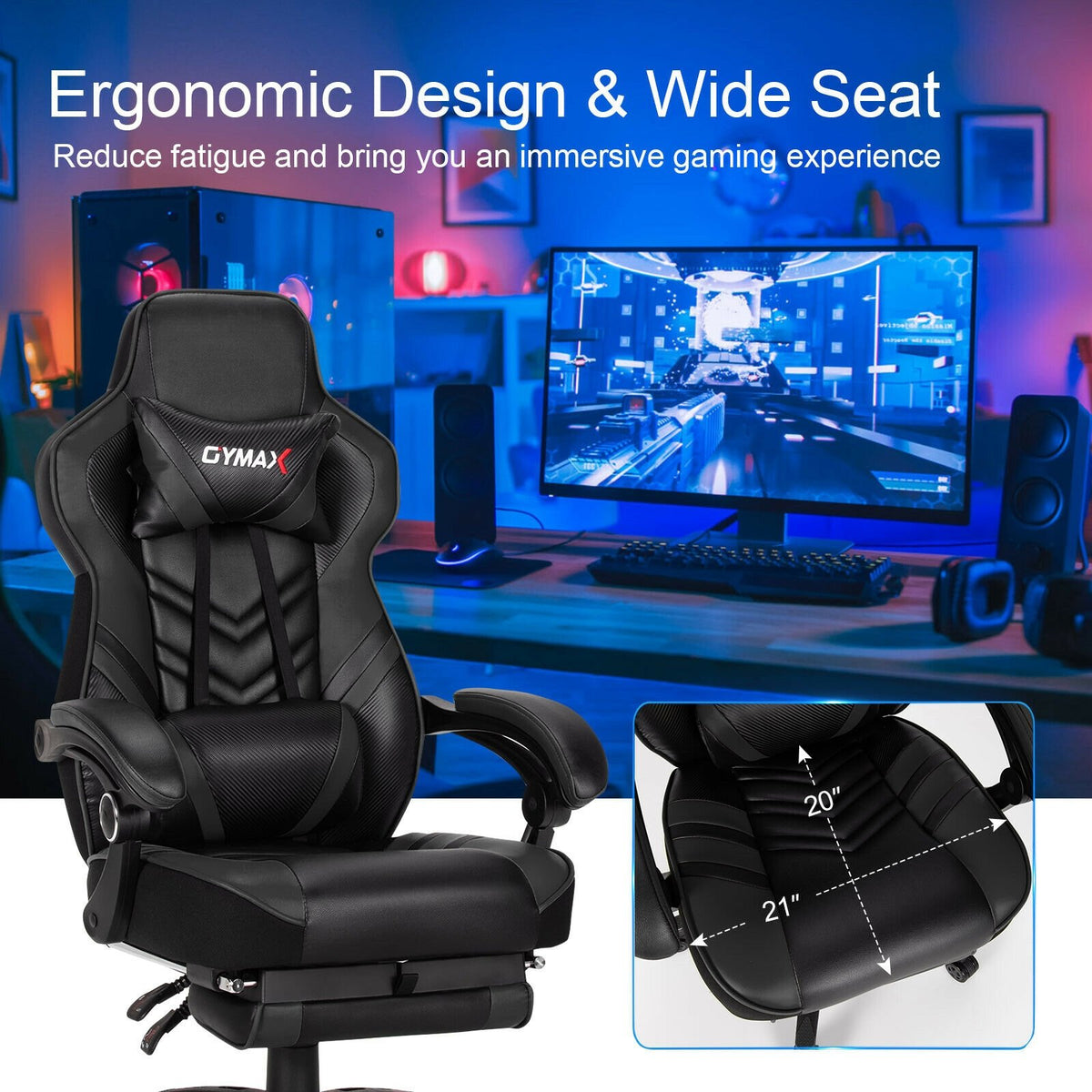 Adjustable Gaming Chair with Footrest for Home Office-Black view 5
