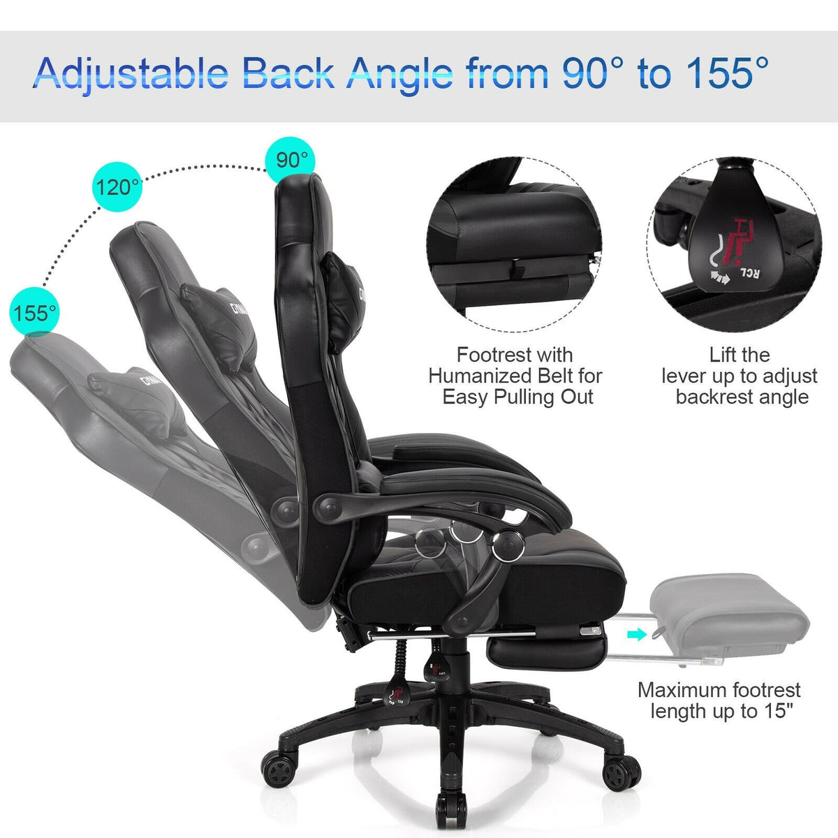 Adjustable Gaming Chair with Footrest for Home Office-Black view 6