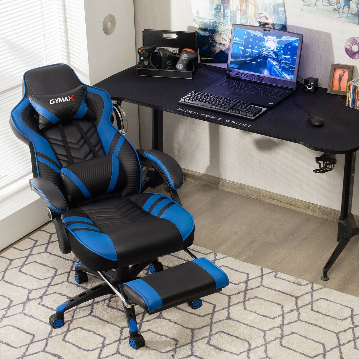 Adjustable Gaming Chair with Footrest for Home Office-Blue view 3
