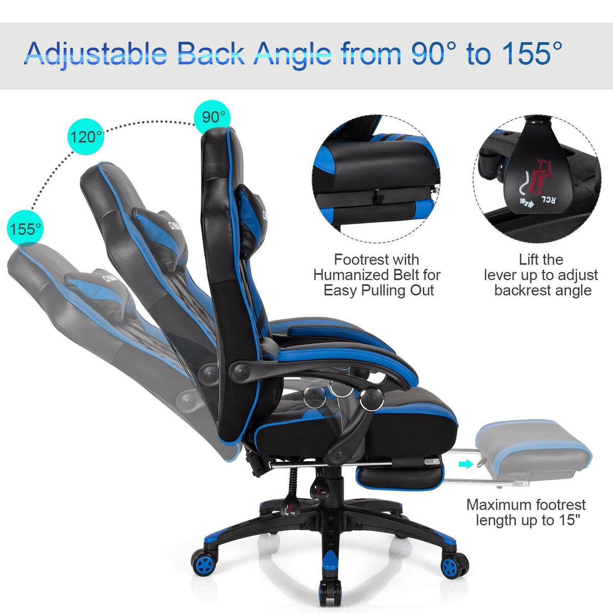 Adjustable Gaming Chair with Footrest for Home Office-Blue view 8