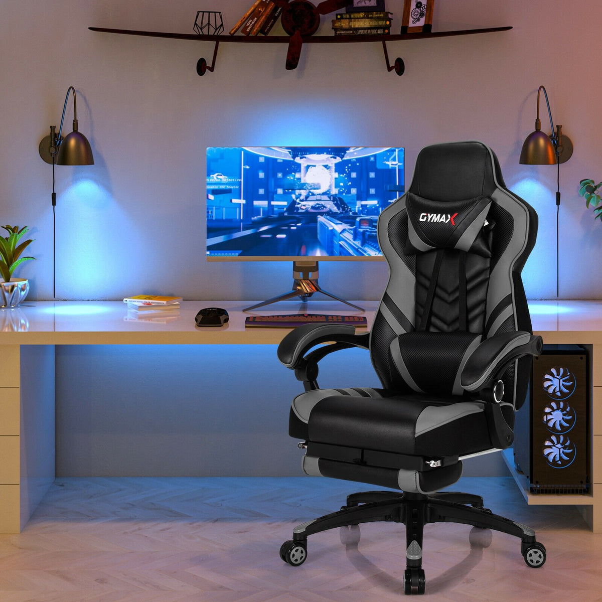 Adjustable Gaming Chair with Footrest for Home Office-Gray view 2