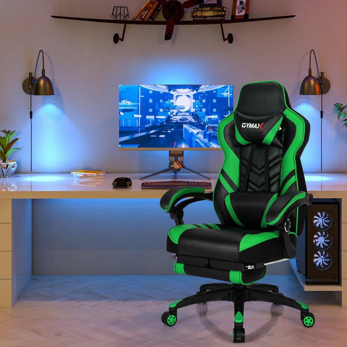 Adjustable Gaming Chair with Footrest for Home Office-Green view 2