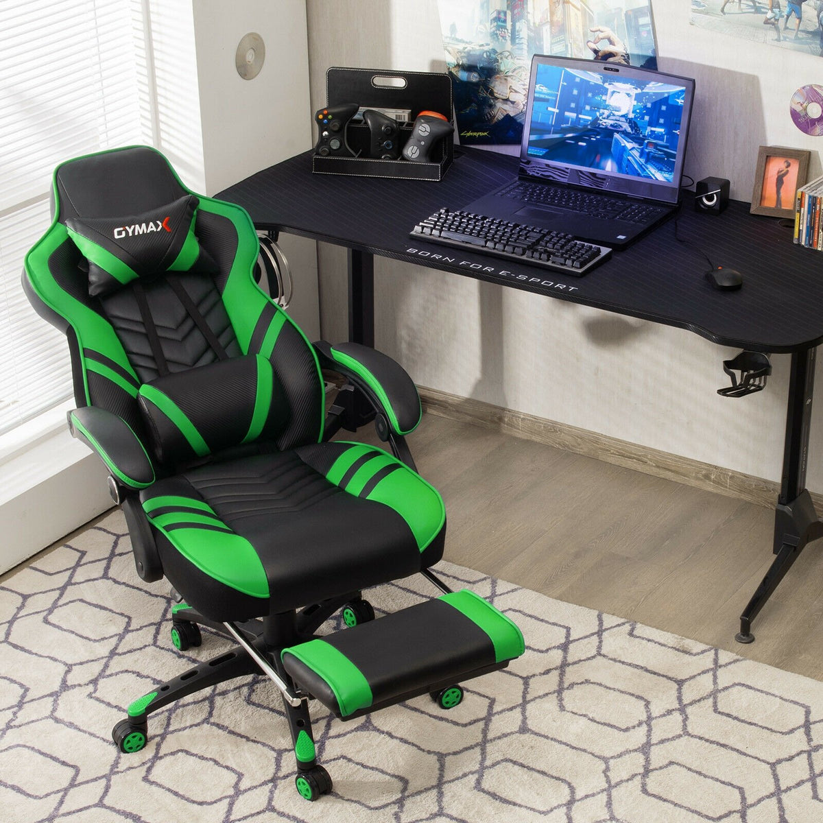 Adjustable Gaming Chair with Footrest for Home Office-Green view 3