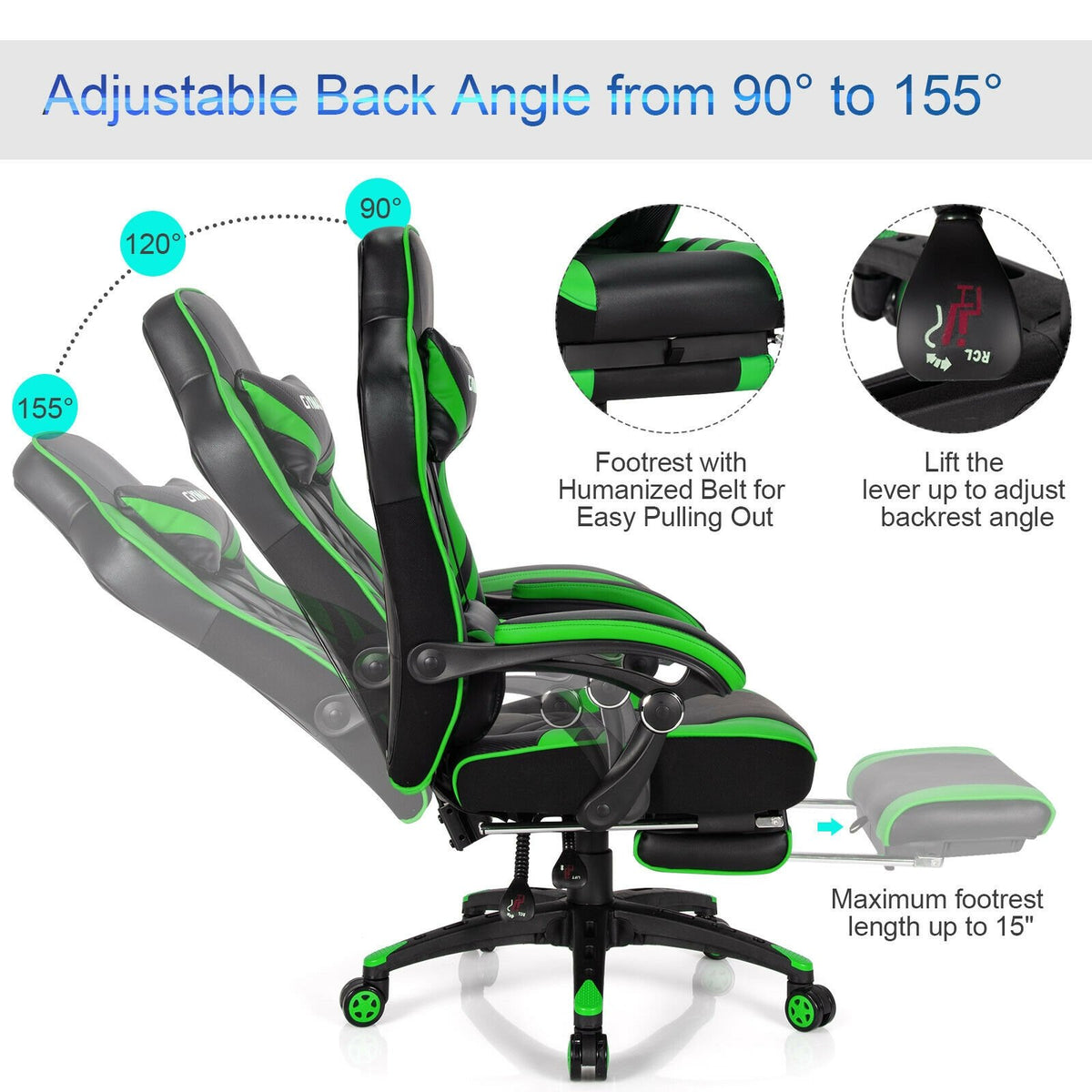 Adjustable Gaming Chair with Footrest for Home Office-Green view 7