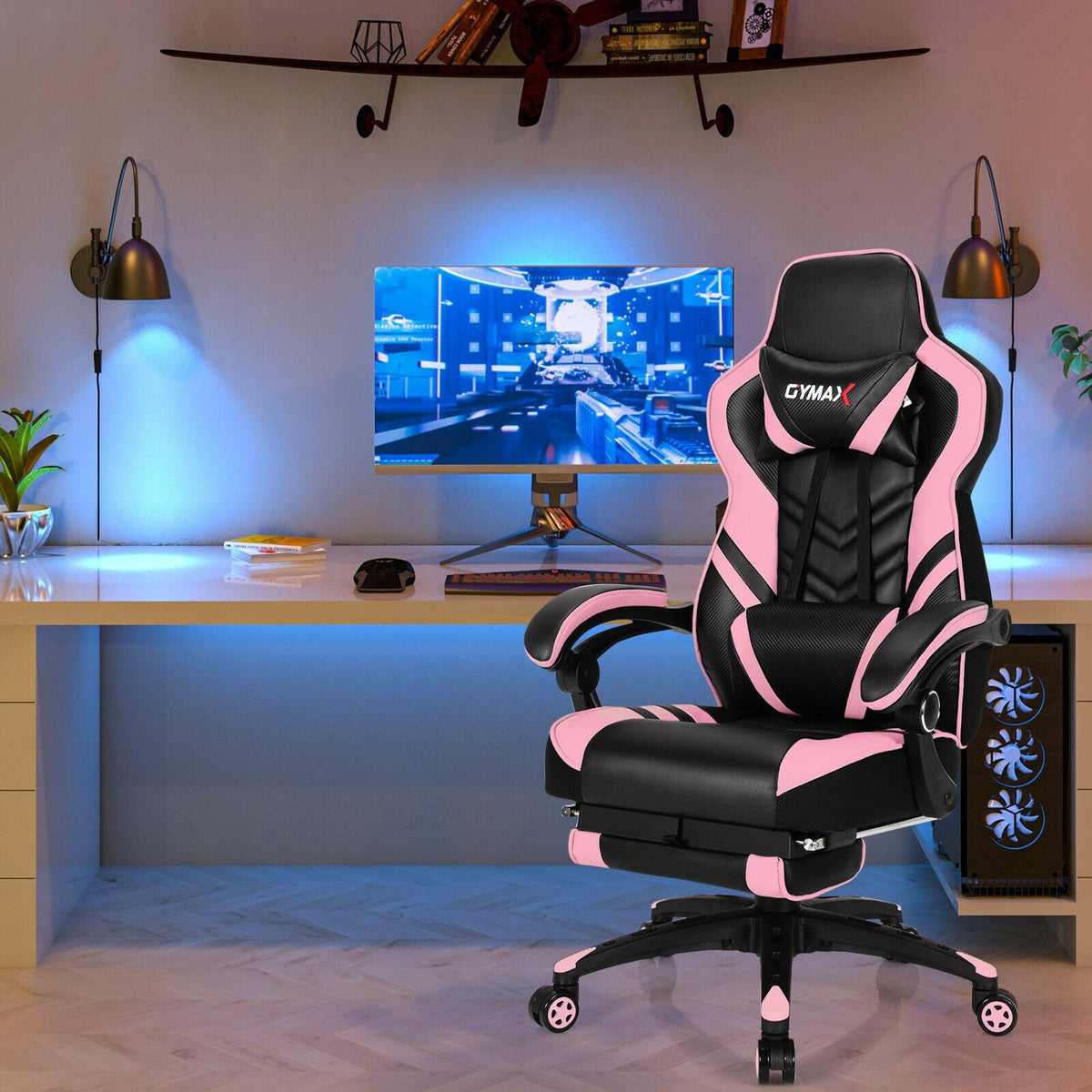 Adjustable Gaming Chair with Footrest for Home Office-Pink view 2
