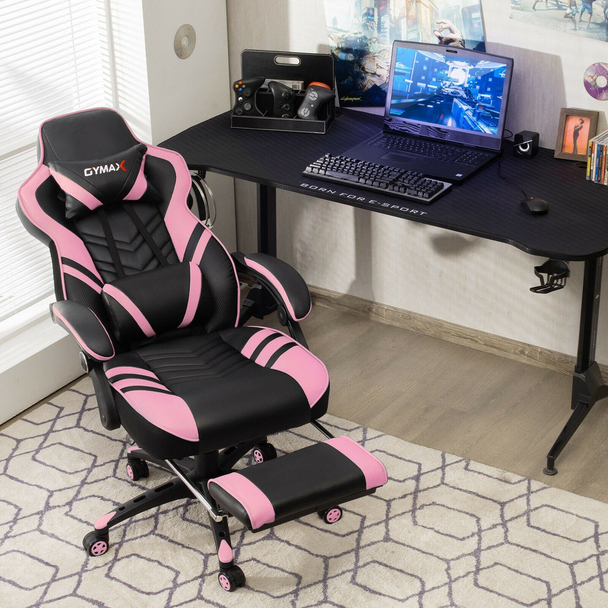 Adjustable Gaming Chair with Footrest for Home Office-Pink view 3
