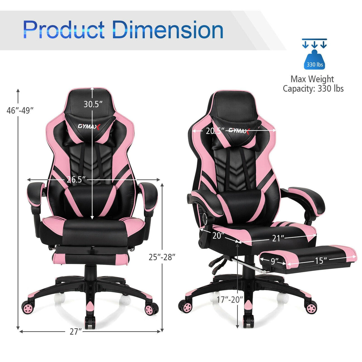 Adjustable Gaming Chair with Footrest for Home Office-Pink view 5